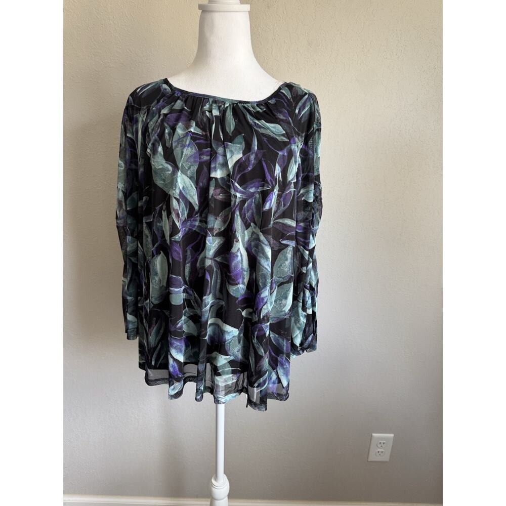 Rachel Black Floral Sheer Blouse with Purple and Teal Leaves